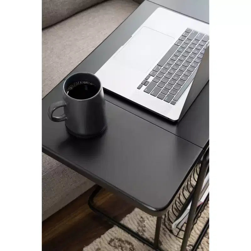 Tavolino a C espandibile con portaoggetti a filo | Tavolino laterale per divano in MDF per laptop | Nero