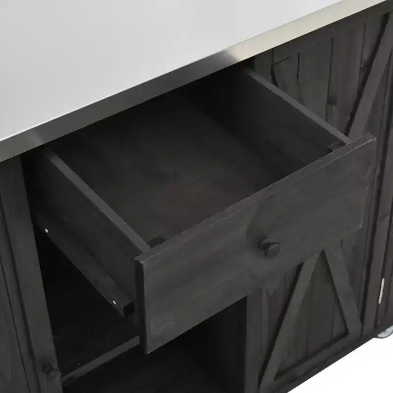 Isola per cucina da esterno in legno di abete con piano pieghevole in acciaio inox e contenitore