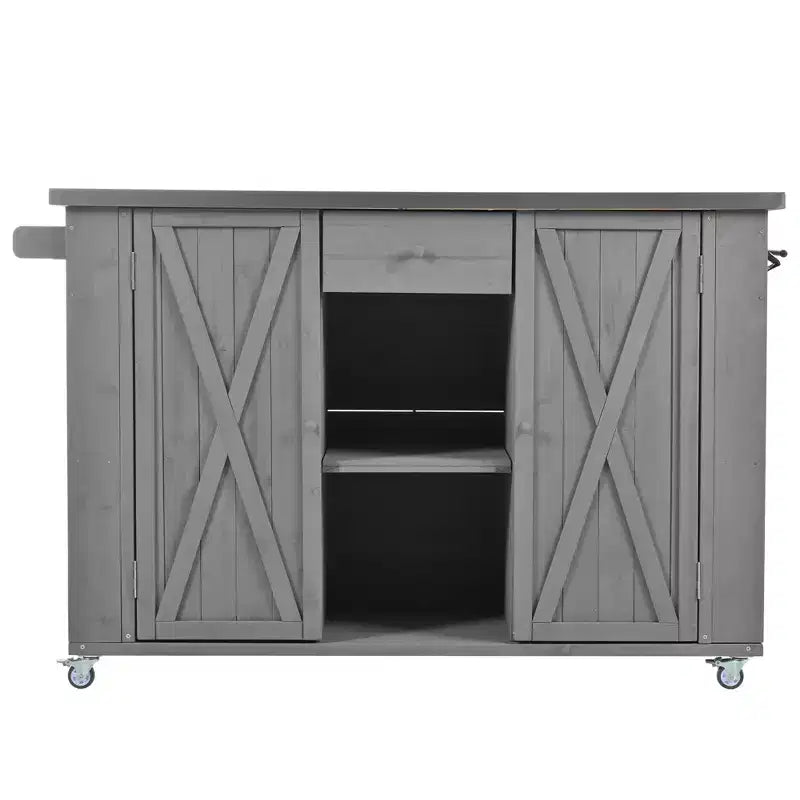 Isola per cucina da esterno in legno di abete con piano pieghevole in acciaio inox e contenitore