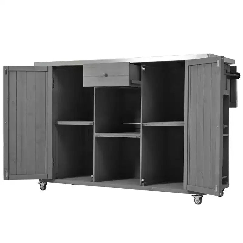 Isola per cucina da esterno in legno di abete con piano pieghevole in acciaio inox e contenitore