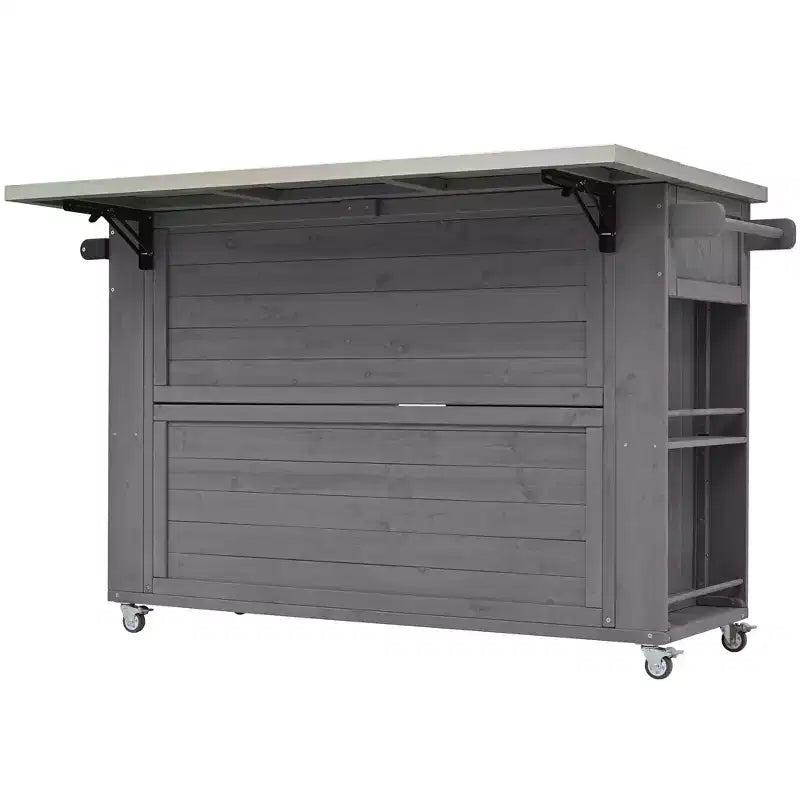 Isola per cucina da esterno in legno di abete con piano pieghevole in acciaio inox e contenitore
