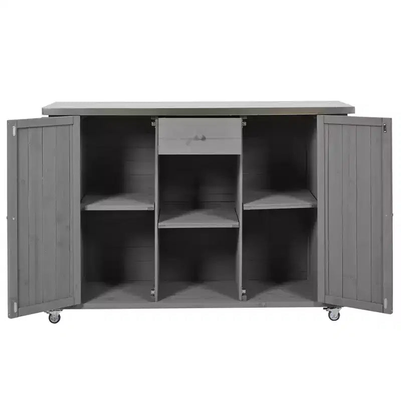 Isola per cucina da esterno in legno di abete con piano pieghevole in acciaio inox e contenitore