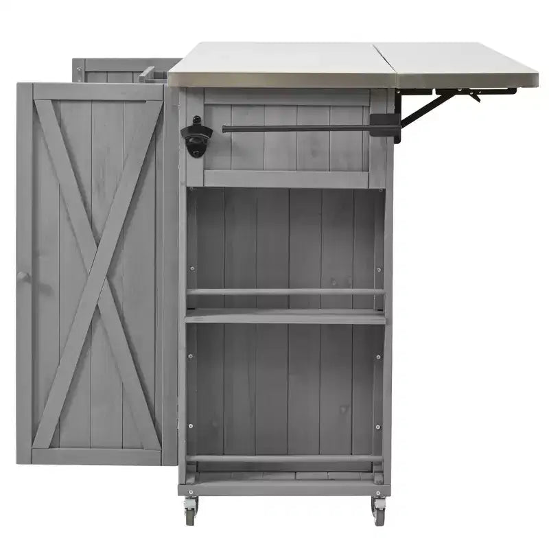 Isola per cucina da esterno in legno di abete con piano pieghevole in acciaio inox e contenitore