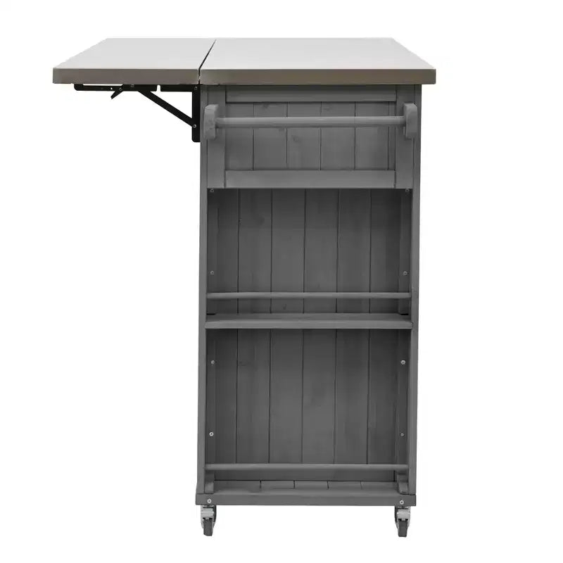 Isola per cucina da esterno in legno di abete con piano pieghevole in acciaio inox e contenitore