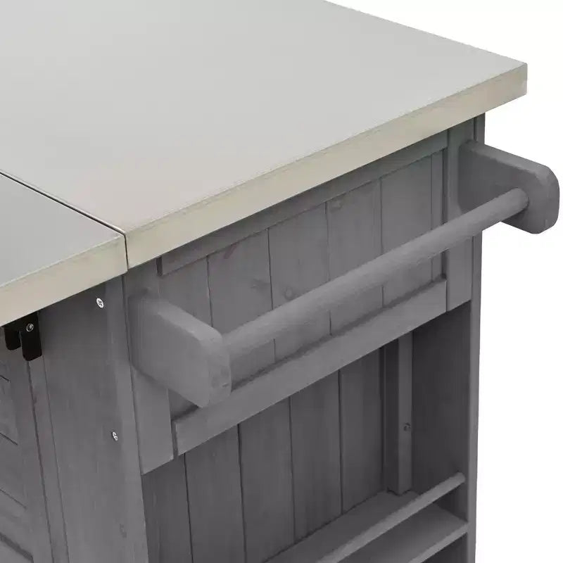 Isola per cucina da esterno in legno di abete con piano pieghevole in acciaio inox e contenitore