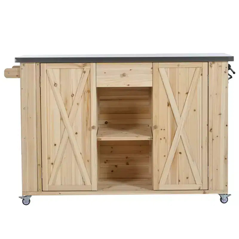 Isola per cucina da esterno in legno di abete con piano pieghevole in acciaio inox e contenitore