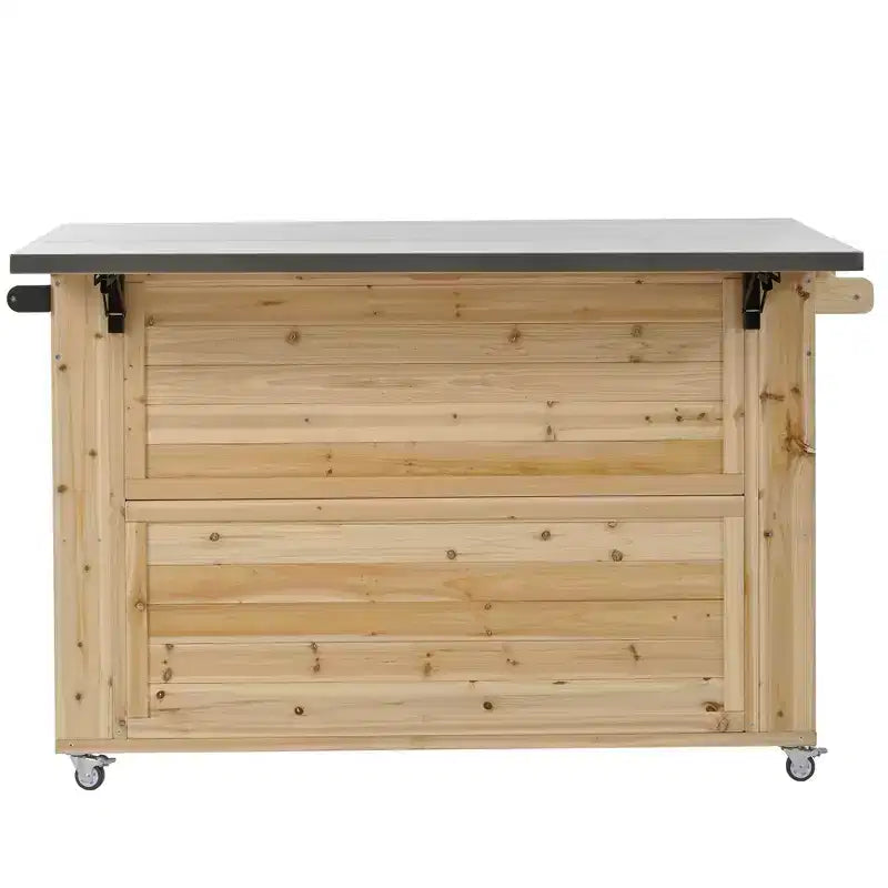 Isola per cucina da esterno in legno di abete con piano pieghevole in acciaio inox e contenitore