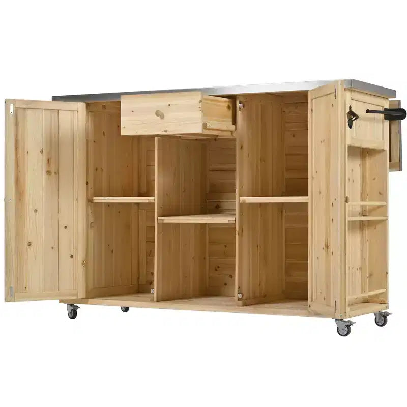 Isola per cucina da esterno in legno di abete con piano pieghevole in acciaio inox e contenitore