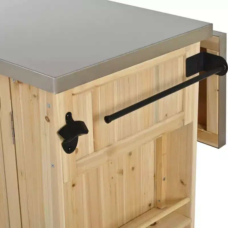 Isola per cucina da esterno in legno di abete con piano pieghevole in acciaio inox e contenitore
