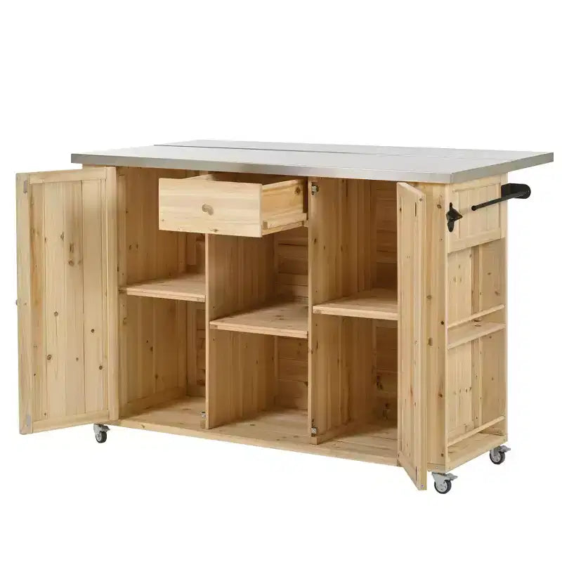 Isola per cucina da esterno in legno di abete con piano pieghevole in acciaio inox e contenitore