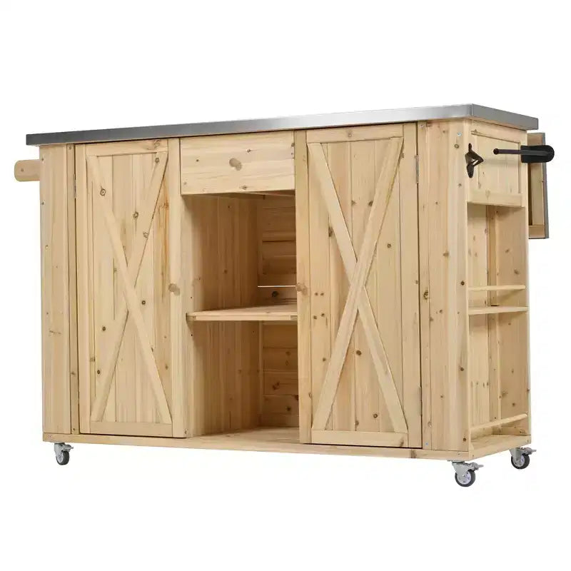 Isola per cucina da esterno in legno di abete con piano pieghevole in acciaio inox e contenitore