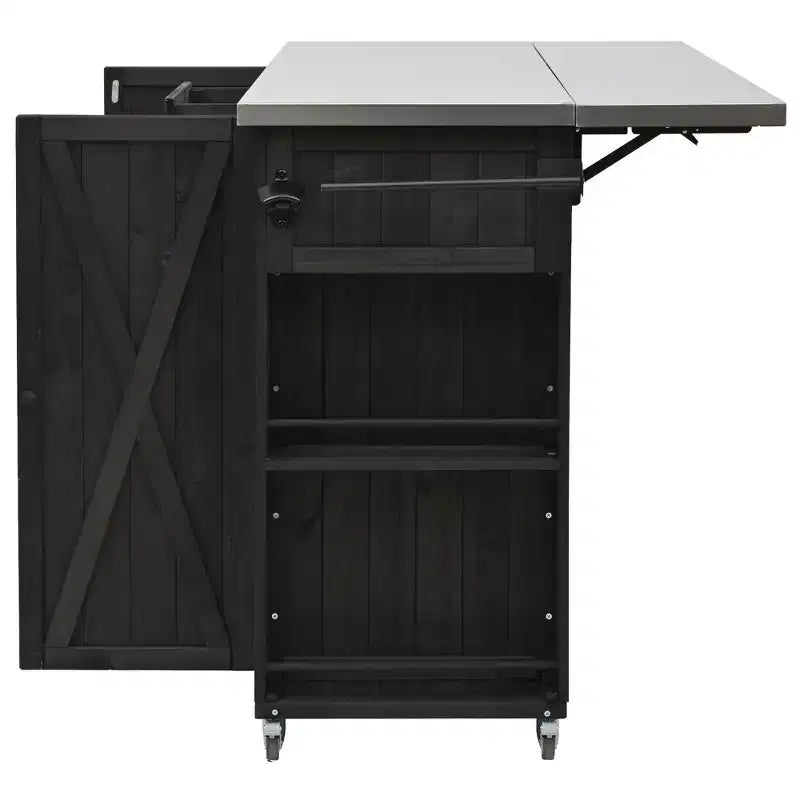 Isola per cucina da esterno in legno di abete con piano pieghevole in acciaio inox e contenitore