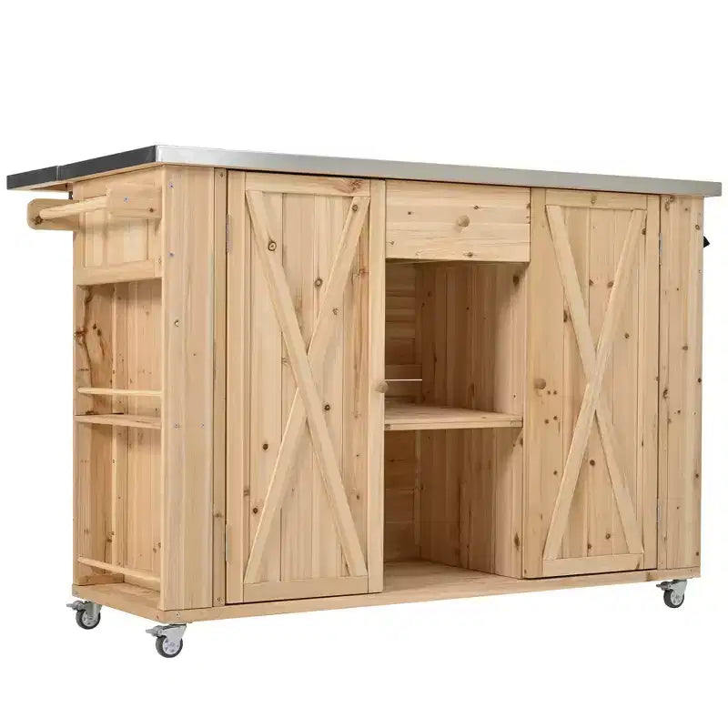 Isola per cucina da esterno in legno di abete con piano pieghevole in acciaio inox e contenitore