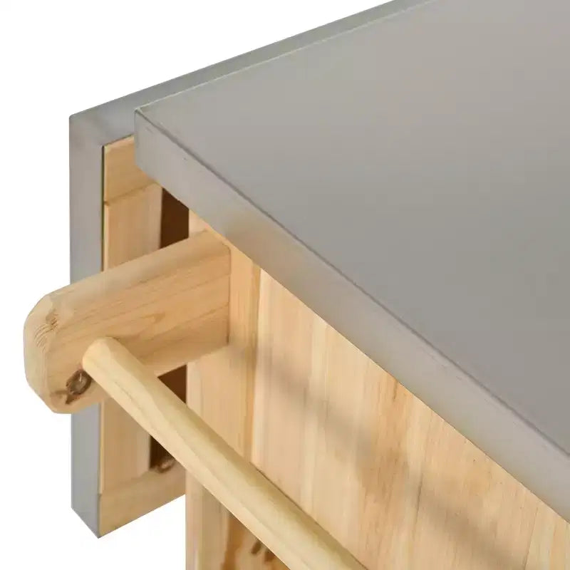 Isola per cucina da esterno in legno di abete con piano pieghevole in acciaio inox e contenitore