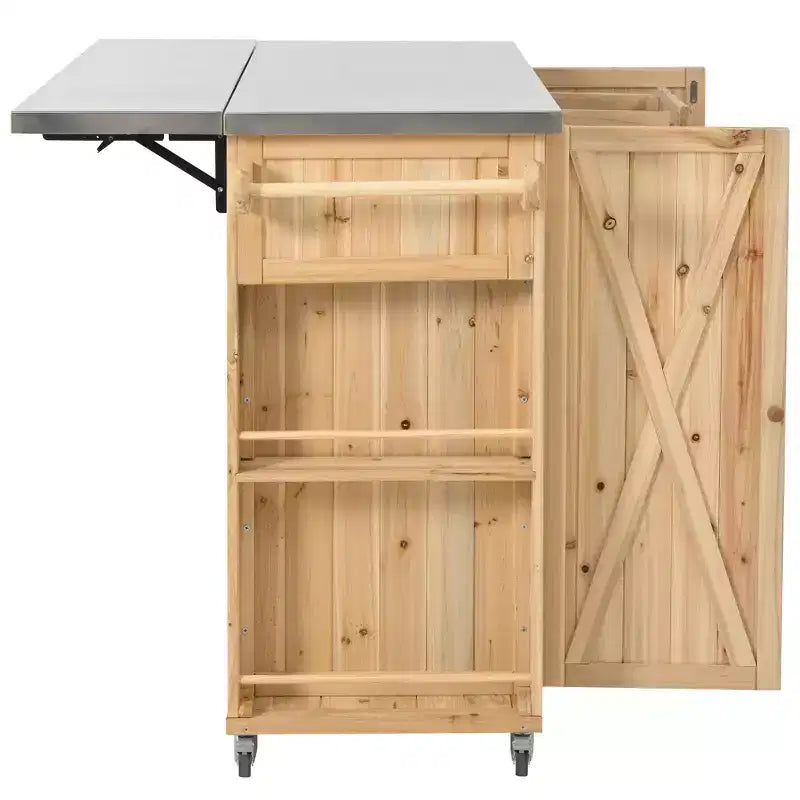 Isola per cucina da esterno in legno di abete con piano pieghevole in acciaio inox e contenitore