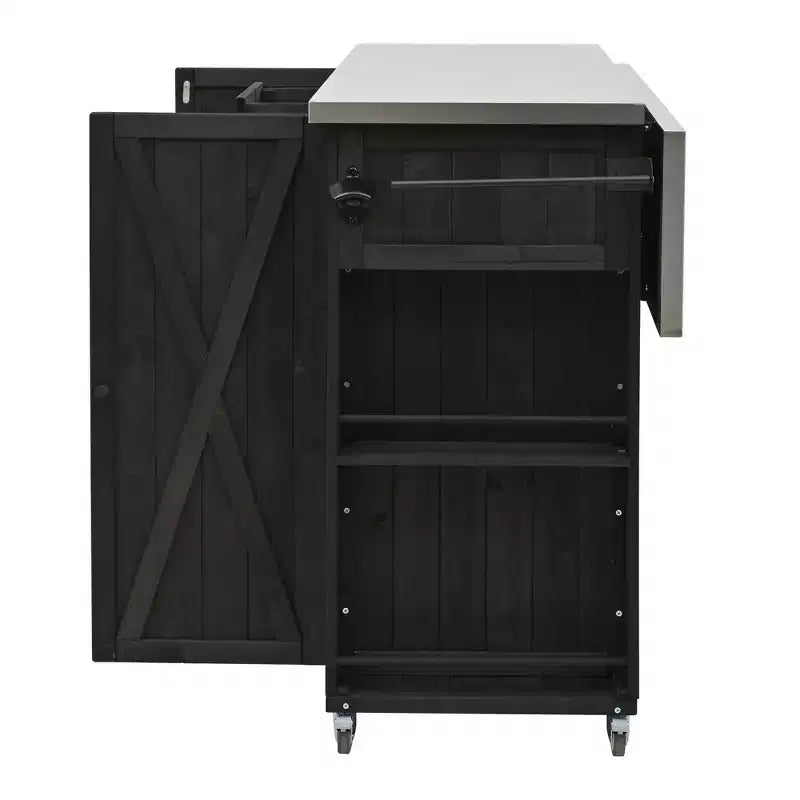 Isola per cucina da esterno in legno di abete con piano pieghevole in acciaio inox e contenitore