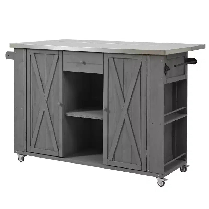 Isola per cucina da esterno in legno di abete con piano pieghevole in acciaio inox e contenitore