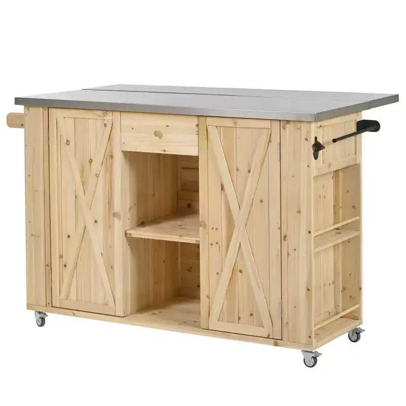 Isola per cucina da esterno in legno di abete con piano pieghevole in acciaio inox e contenitore
