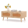 Costway Rattan Coffee Table Mid Century Modern Center Table with 2 Storage Drawers