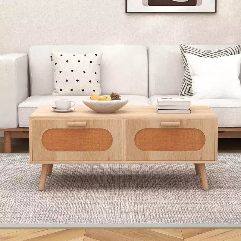 Tavolino da caffè in rattan stile bohémien con 2 cassetti portaoggetti | Moderno di metà secolo