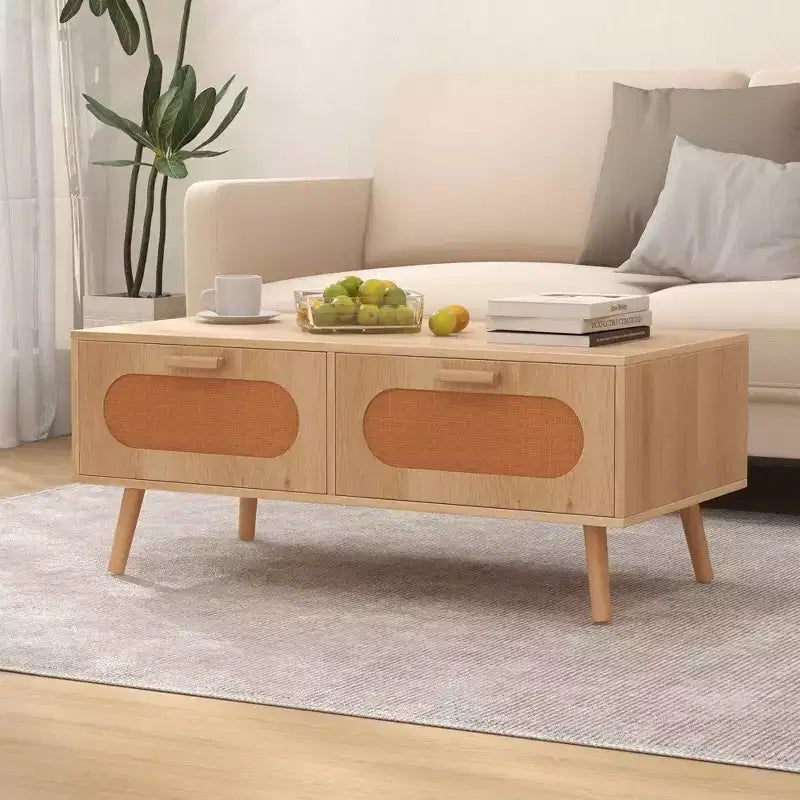 Tavolino da caffè in rattan stile bohémien con 2 cassetti portaoggetti | Moderno di metà secolo