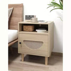 Acekool Boho Rattan Nightstand with Charging Station, USB & Type-C Ports, Storage Drawer, Solid Wood Legs, for Bedroom and Living Room, Natural