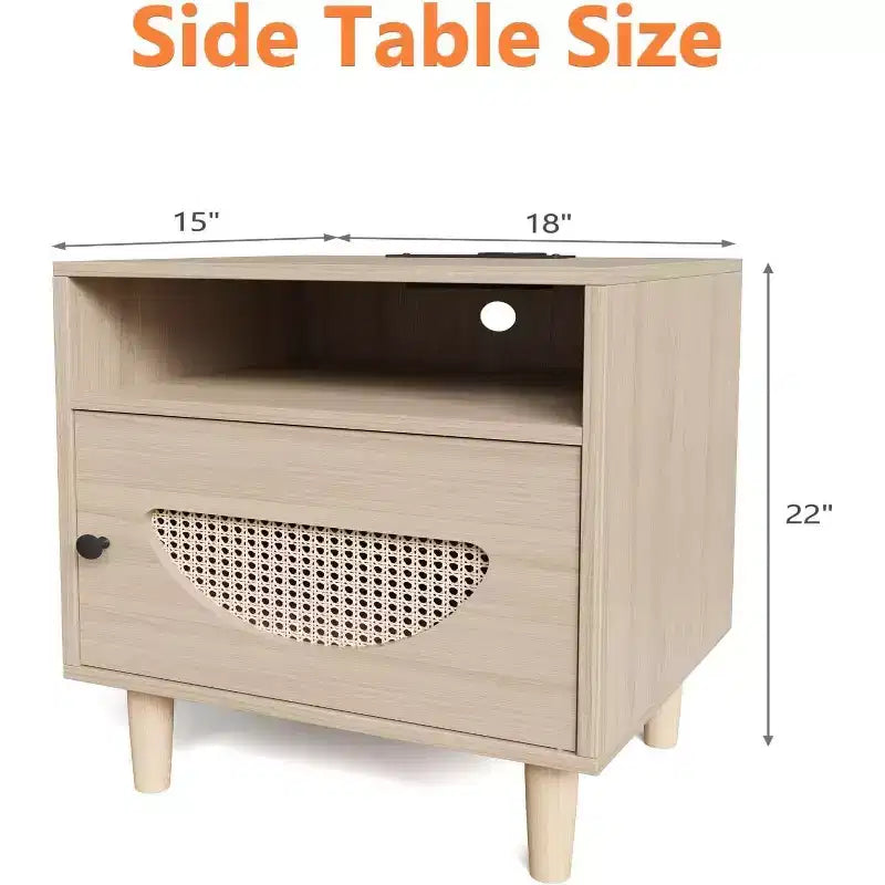 Comodino Bohemien in Rattan con Stazione di Ricarica | USB e Type-C | Gambe in Legno Massello