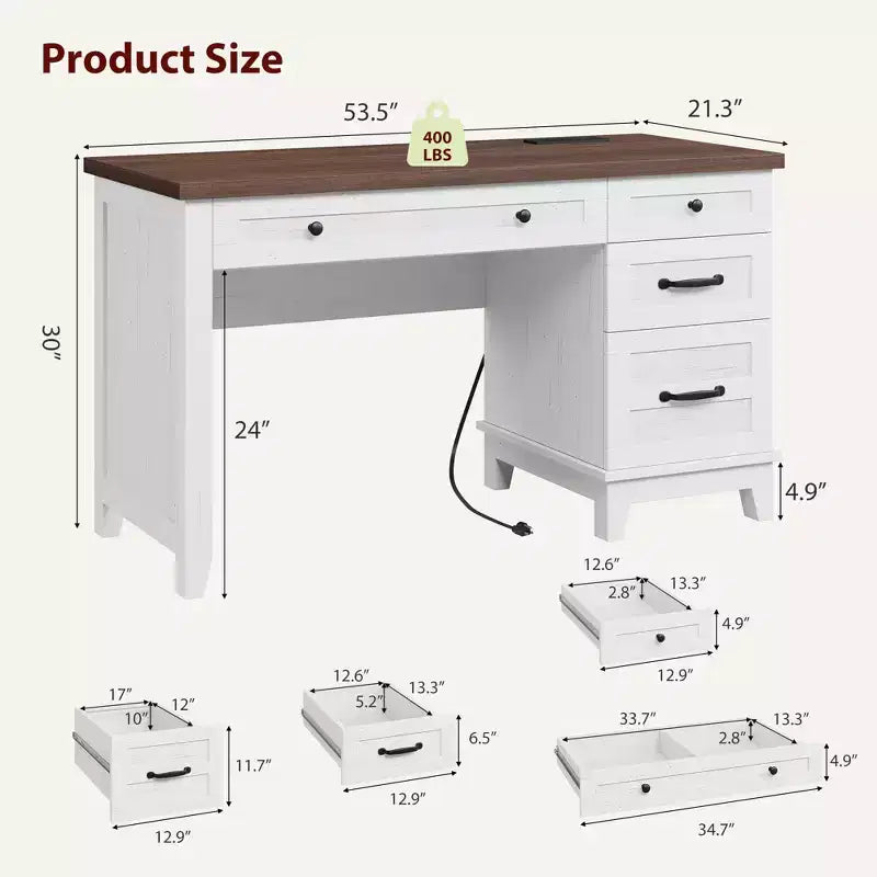 Scrivania Direzionale da 136 cm con 4 Cassetti, Scrivania Rustica per Ufficio Domestico con Mobile Archivio, Scrivania da Computer in Legno per Studio, Tavolo da Conferenza