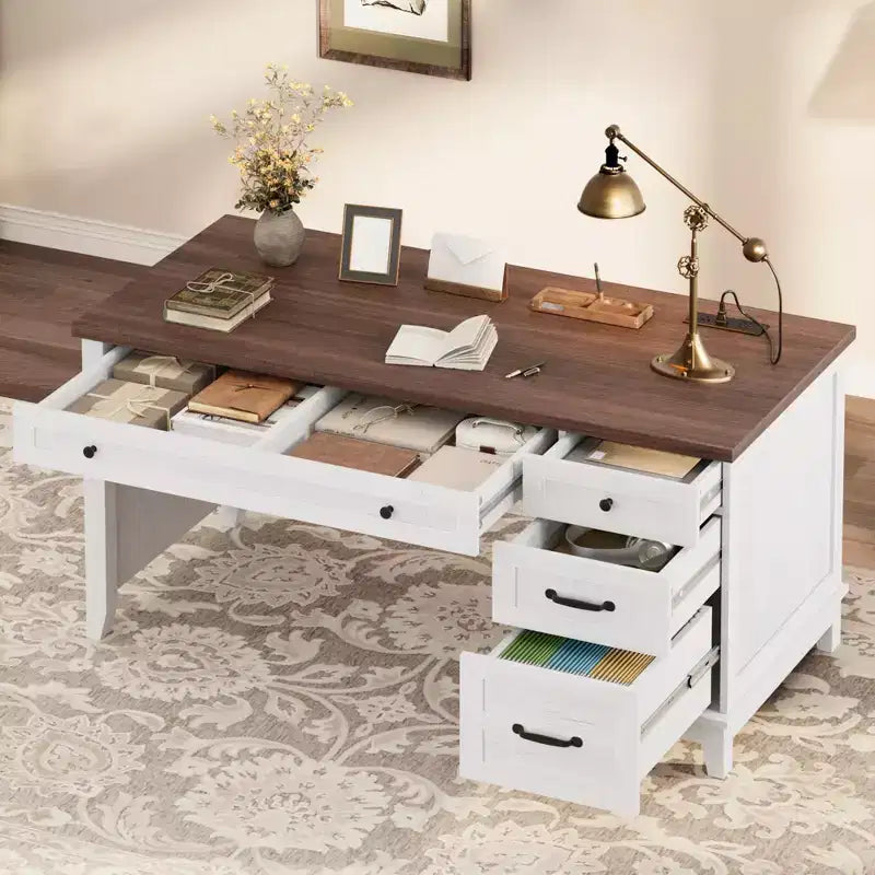 Scrivania Direzionale da 136 cm con 4 Cassetti, Scrivania Rustica per Ufficio Domestico con Mobile Archivio, Scrivania da Computer in Legno per Studio, Tavolo da Conferenza