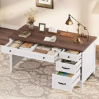 Scrivania Direzionale da 136 cm con 4 Cassetti, Scrivania Rustica per Ufficio Domestico con Mobile Archivio, Scrivania da Computer in Legno per Studio, Tavolo da Conferenza