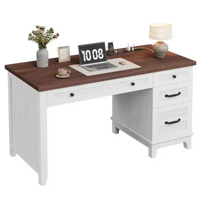 Scrivania Direzionale da 136 cm con 4 Cassetti, Scrivania Rustica per Ufficio Domestico con Mobile Archivio, Scrivania da Computer in Legno per Studio, Tavolo da Conferenza