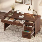 Scrivania Direzionale da 136 cm con 4 Cassetti, Scrivania Rustica per Ufficio Domestico con Mobile Archivio, Scrivania da Computer in Legno per Studio, Tavolo da Conferenza