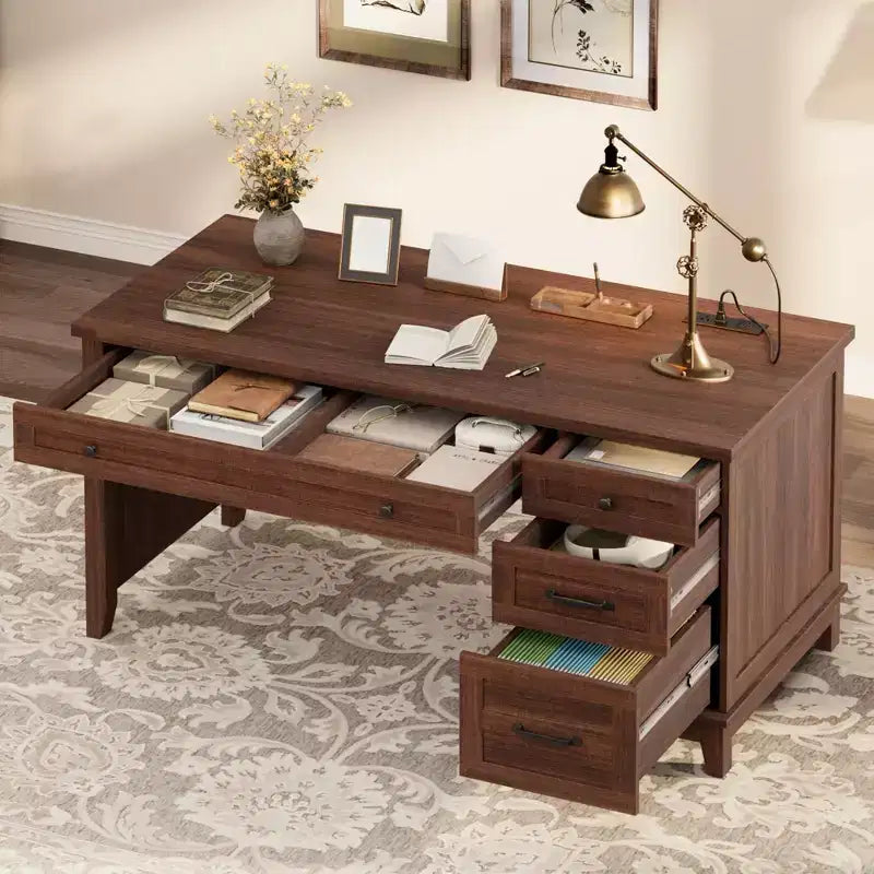 Scrivania Direzionale da 136 cm con 4 Cassetti, Scrivania Rustica per Ufficio Domestico con Mobile Archivio, Scrivania da Computer in Legno per Studio, Tavolo da Conferenza