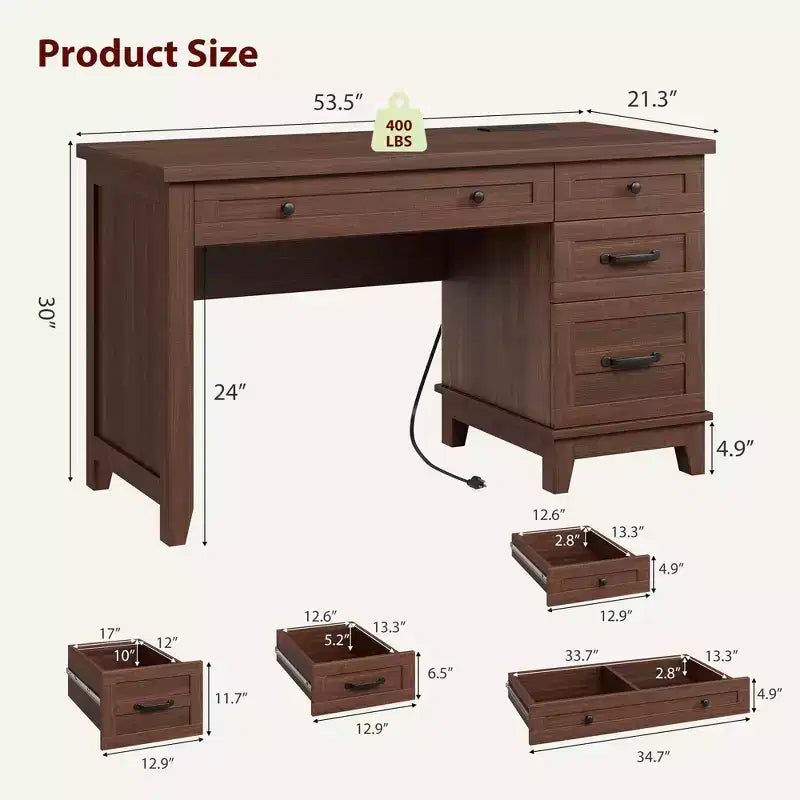 Scrivania Direzionale da 136 cm con 4 Cassetti, Scrivania Rustica per Ufficio Domestico con Mobile Archivio, Scrivania da Computer in Legno per Studio, Tavolo da Conferenza