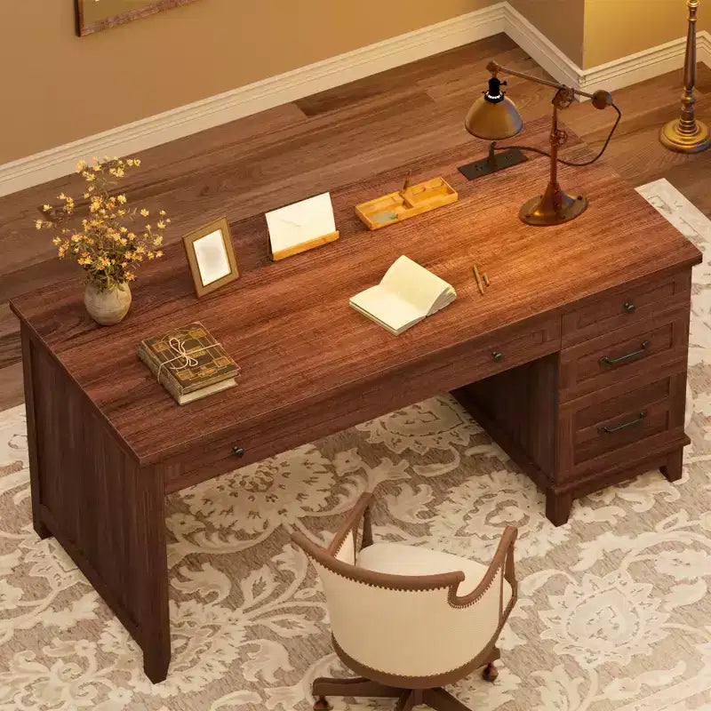 Scrivania Direzionale da 136 cm con 4 Cassetti, Scrivania Rustica per Ufficio Domestico con Mobile Archivio, Scrivania da Computer in Legno per Studio, Tavolo da Conferenza