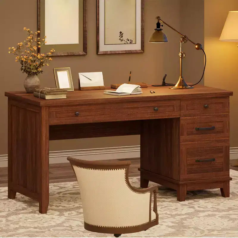 Scrivania Direzionale da 136 cm con 4 Cassetti, Scrivania Rustica per Ufficio Domestico con Mobile Archivio, Scrivania da Computer in Legno per Studio, Tavolo da Conferenza