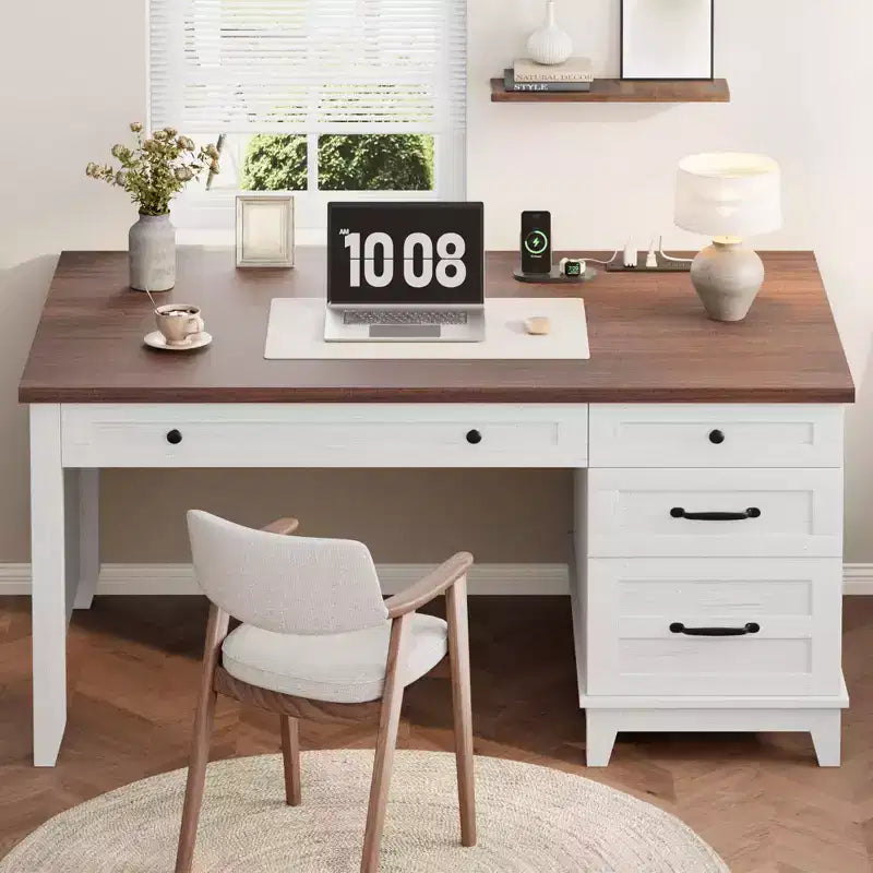 Scrivania Direzionale da 136 cm con 4 Cassetti, Scrivania Rustica per Ufficio Domestico con Mobile Archivio, Scrivania da Computer in Legno per Studio, Tavolo da Conferenza