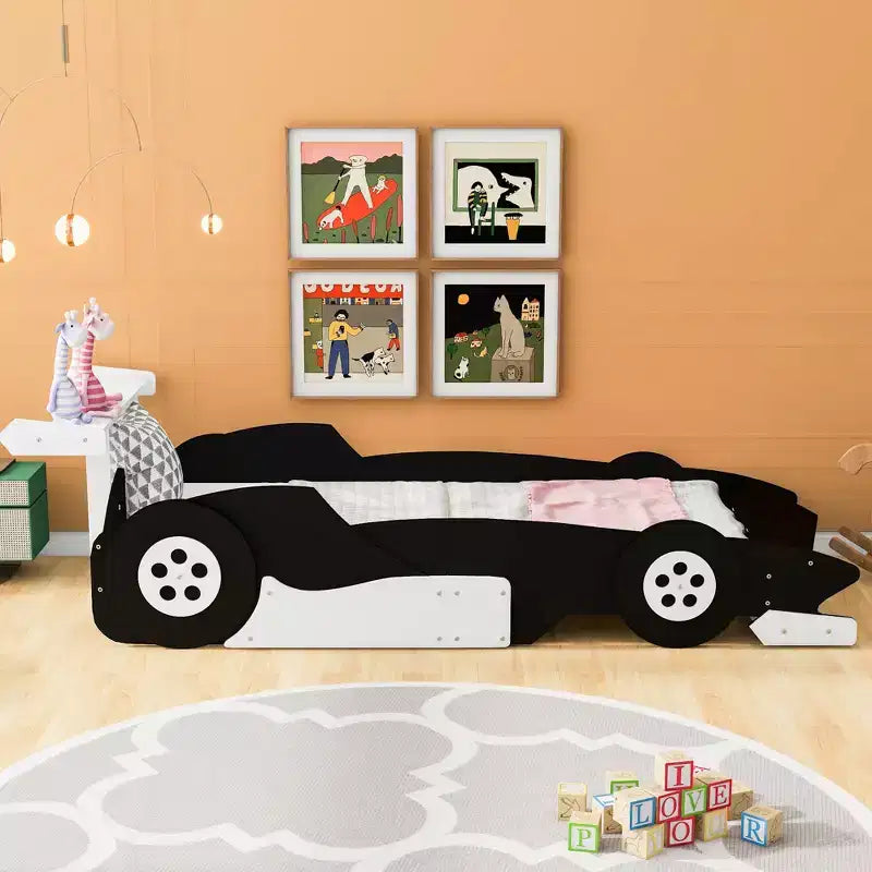Struttura Letto a Corsa per Bambini, Misura Singola, con Scaffali portaoggetti e Sponde