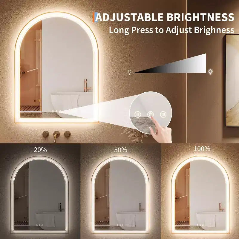 Specchio da Bagno a LED ad Arco, Specchio da Bagno Oro, Anti-Appannamento, Specchio da Parete, Luminosità Dimmerabile, 3 Temperature di Colore