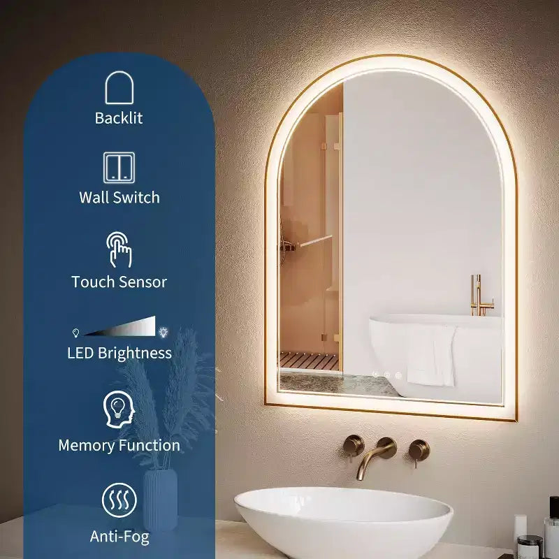 Specchio da Bagno a LED ad Arco, Specchio da Bagno Oro, Anti-Appannamento, Specchio da Parete, Luminosità Dimmerabile, 3 Temperature di Colore
