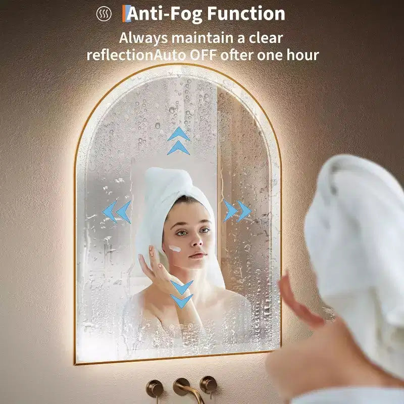 Specchio da Bagno a LED ad Arco, Specchio da Bagno Oro, Anti-Appannamento, Specchio da Parete, Luminosità Dimmerabile, 3 Temperature di Colore