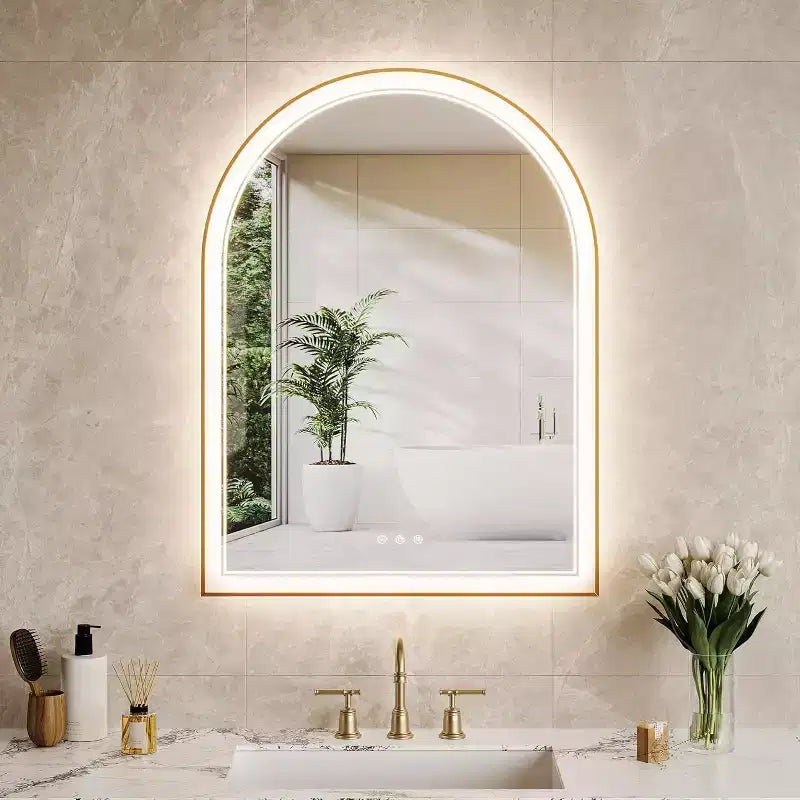 Specchio da Bagno a LED ad Arco, Specchio da Bagno Oro, Anti-Appannamento, Specchio da Parete, Luminosità Dimmerabile, 3 Temperature di Colore