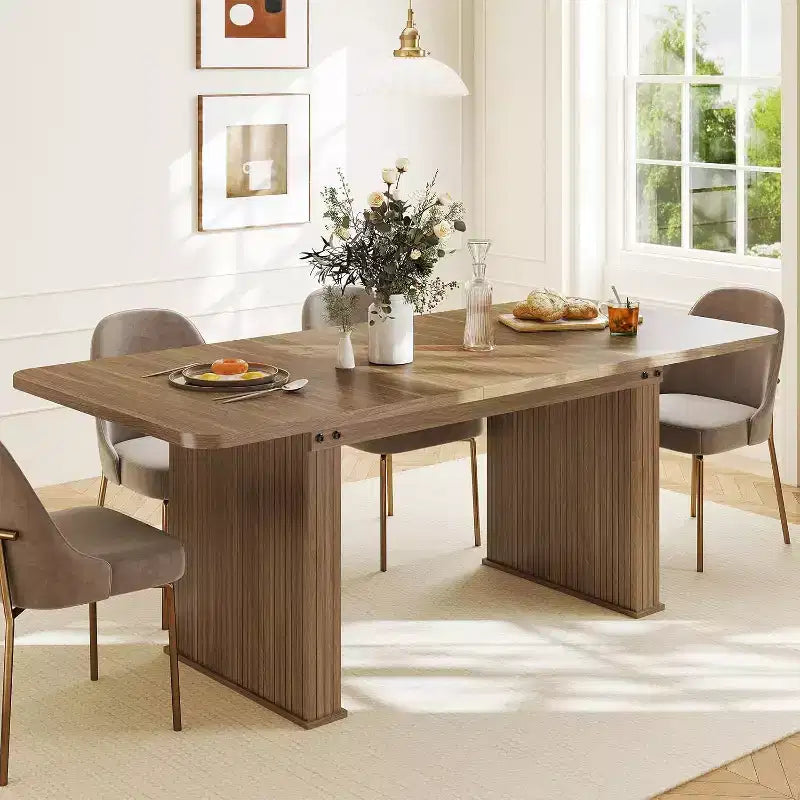 Zevemomo Modern Dining Table for 6-10 People, Wood Kitchen Table with Double Robust Pedestal, Wooden Dinner Table for Dining Room