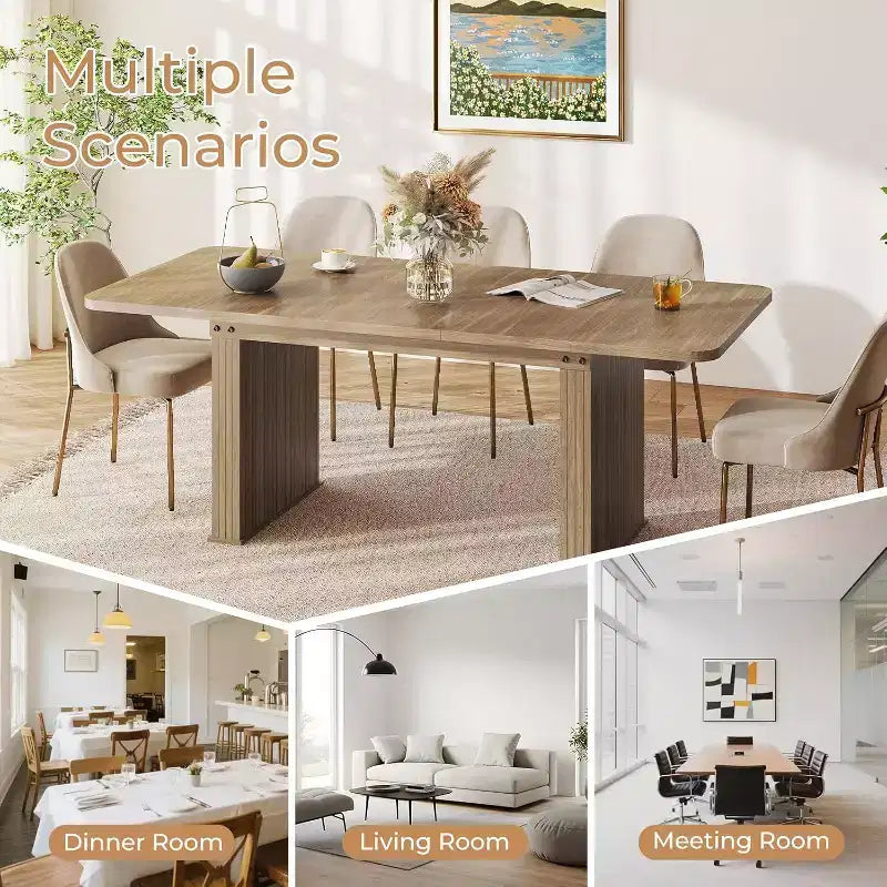 Tavolo da Pranzo Allungabile per 6-10 Persone | Venatura del Legno Doppio Basamento | 160-200 cm