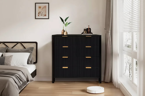 4-Drawer Tall Dresser with Fluted Design, Mid-Century Modern Chest of Drawers for Bedroom, Living Room, Hallway, Black Finish