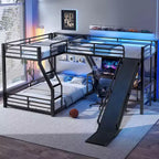 Letto a Castello a L da Una Piazza e Mezza con Letto a Soppalco da Una Piazza, Letto a Castello Triplo in Metallo con Scivolo e Porte USB, Nero
