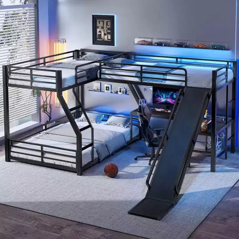 Letto a Castello a L da Una Piazza e Mezza con Letto a Soppalco da Una Piazza, Letto a Castello Triplo in Metallo con Scivolo e Porte USB, Nero