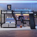 Letto a Castello a L da Una Piazza e Mezza con Letto a Soppalco da Una Piazza, Letto a Castello Triplo in Metallo con Scivolo e Porte USB, Nero