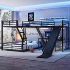 Letto a Castello a L da Una Piazza e Mezza con Letto a Soppalco da Una Piazza, Letto a Castello Triplo in Metallo con Scivolo e Porte USB, Nero