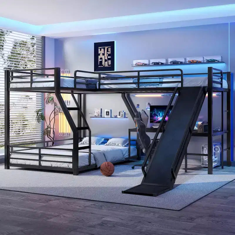 Letto a Castello a L da Una Piazza e Mezza con Letto a Soppalco da Una Piazza, Letto a Castello Triplo in Metallo con Scivolo e Porte USB, Nero